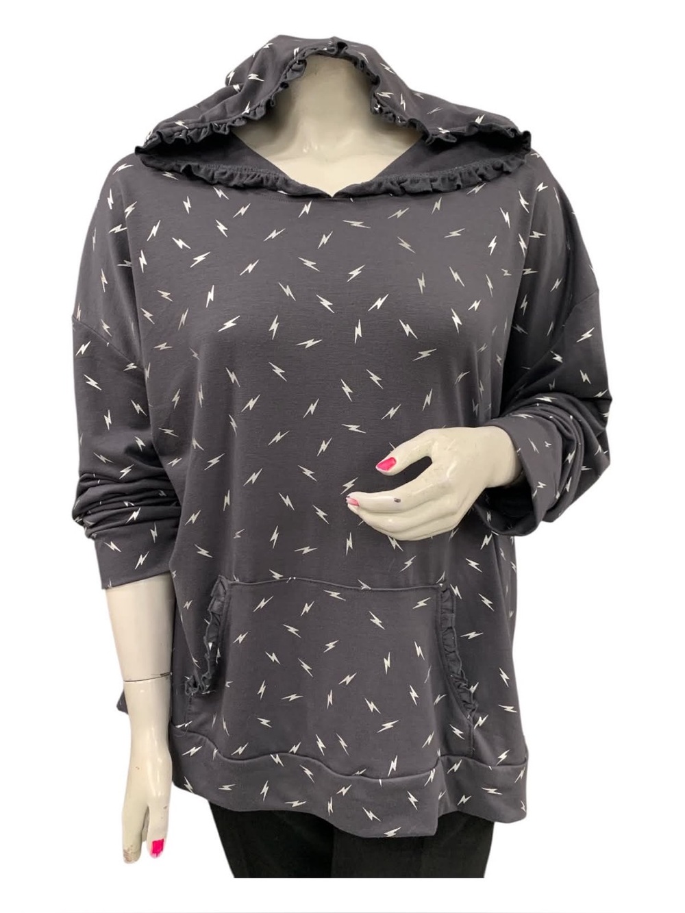 Kim & Cami Charcoal Lightning-Print Ruffle Hoodie Size 3X